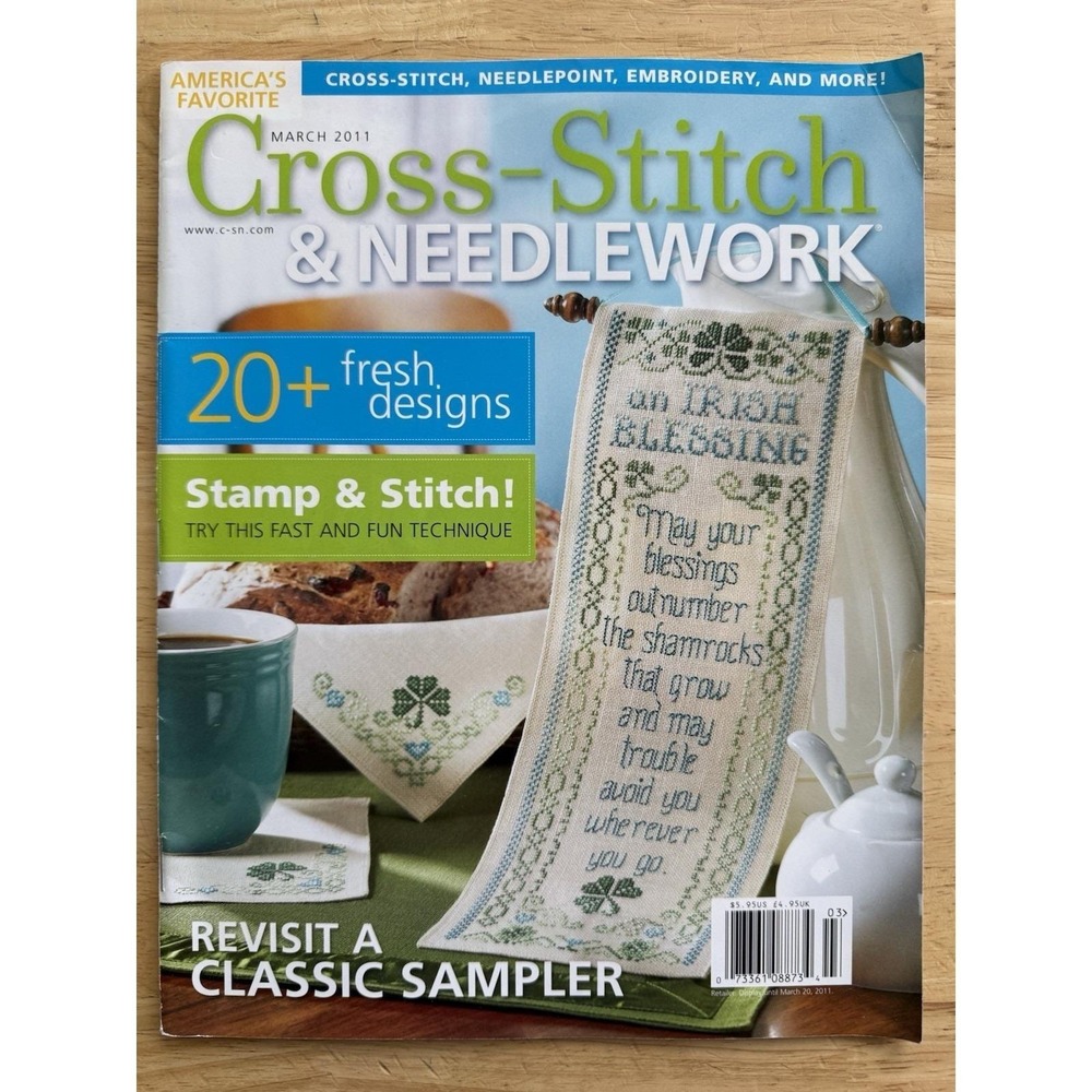 Cross Stitch & Needlework Magazine March 2011 Blue Patchwork Pillow, Sampler